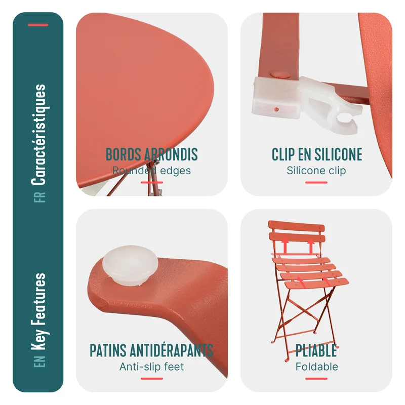Set de Bistro en metal 1 table 2 chaises Rouge brique