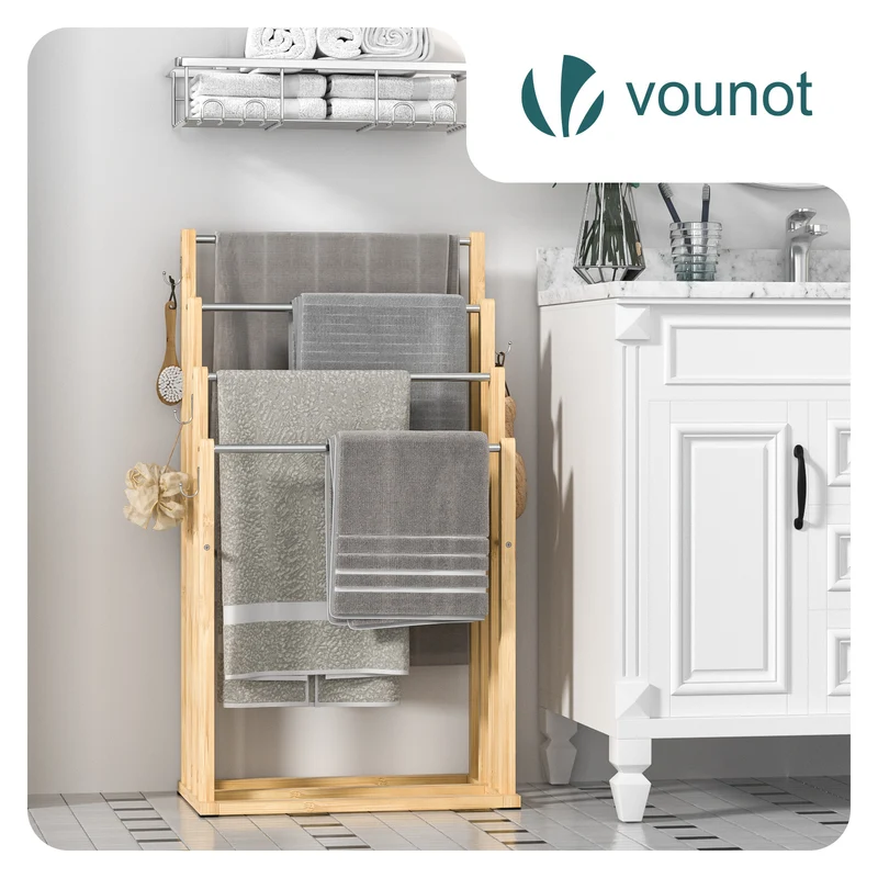 Porte serviettes sur pied en bambou 4 niveaux