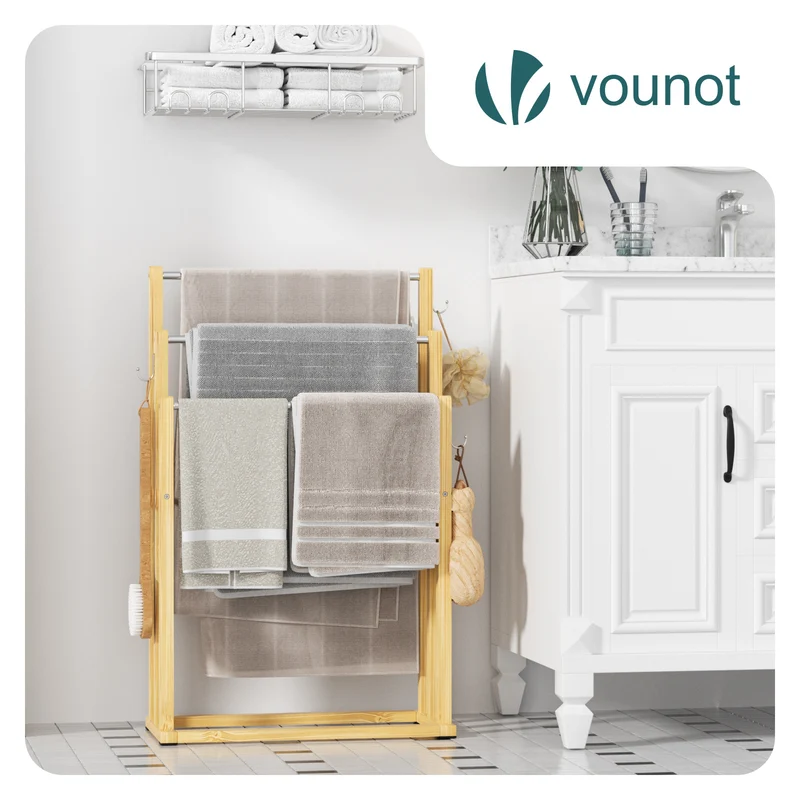 Porte serviettes sur pied en bambou 3 niveaux