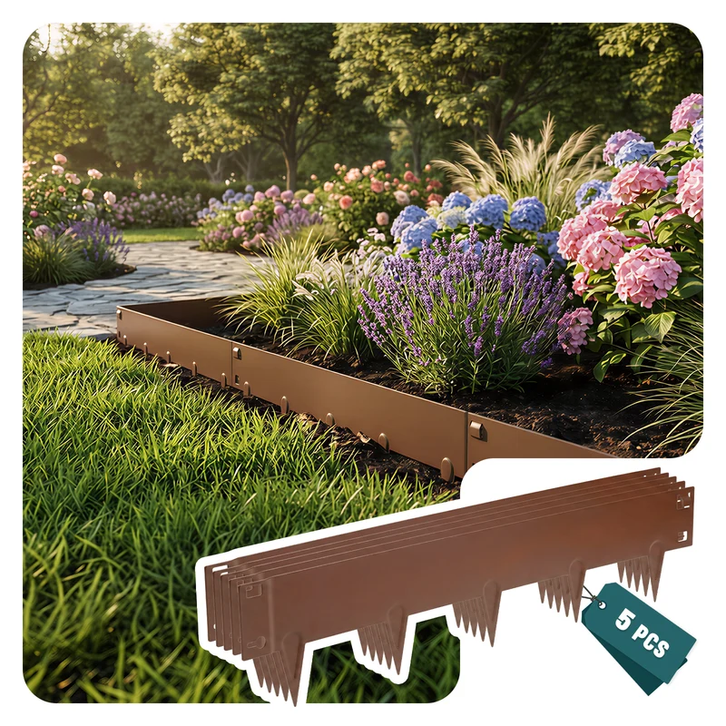 Lot de 5 Bordures de jardin acier galvanise avec pointes ancrages 106x18cm marron