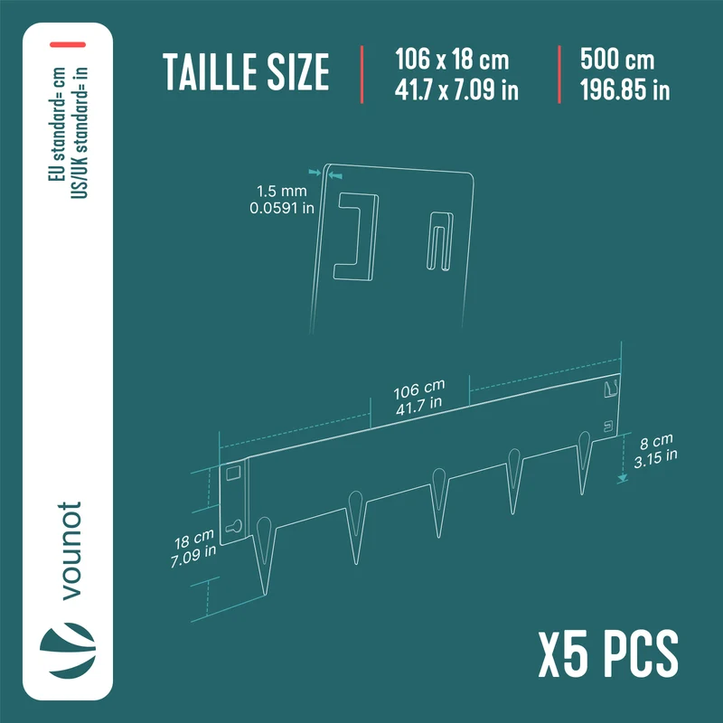 Lot de 5 Bordures de jardin acier galvanise avec pointes ancrages 106x18cm marron
