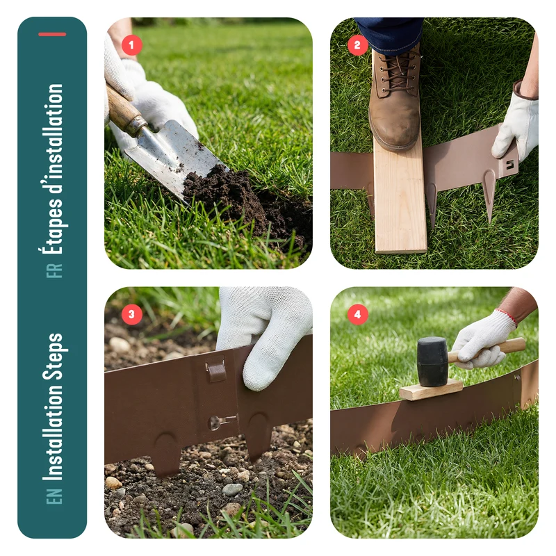 Lot de 5 Bordures de jardin acier galvanise avec pointes ancrages 106x18cm marron