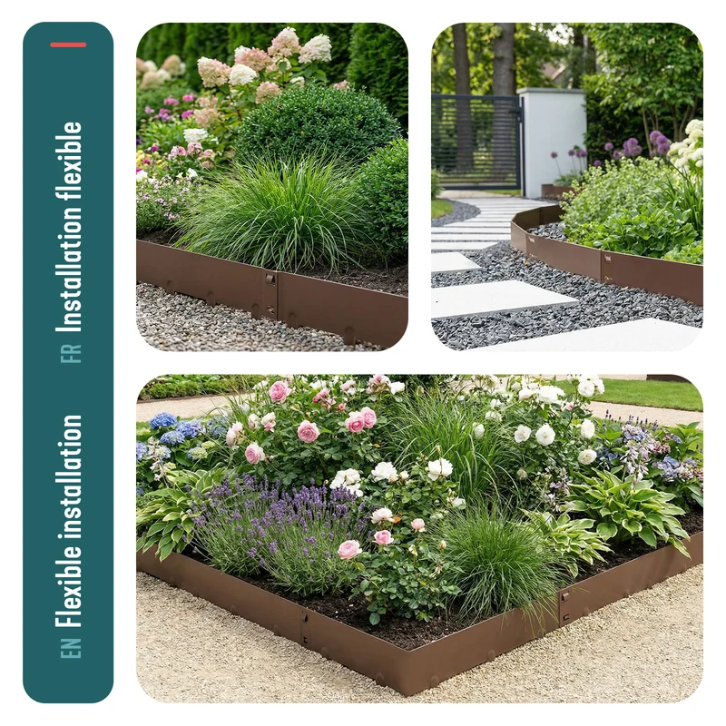 Lot de 5 Bordures de jardin acier galvanise avec pointes ancrages 106x18cm marron