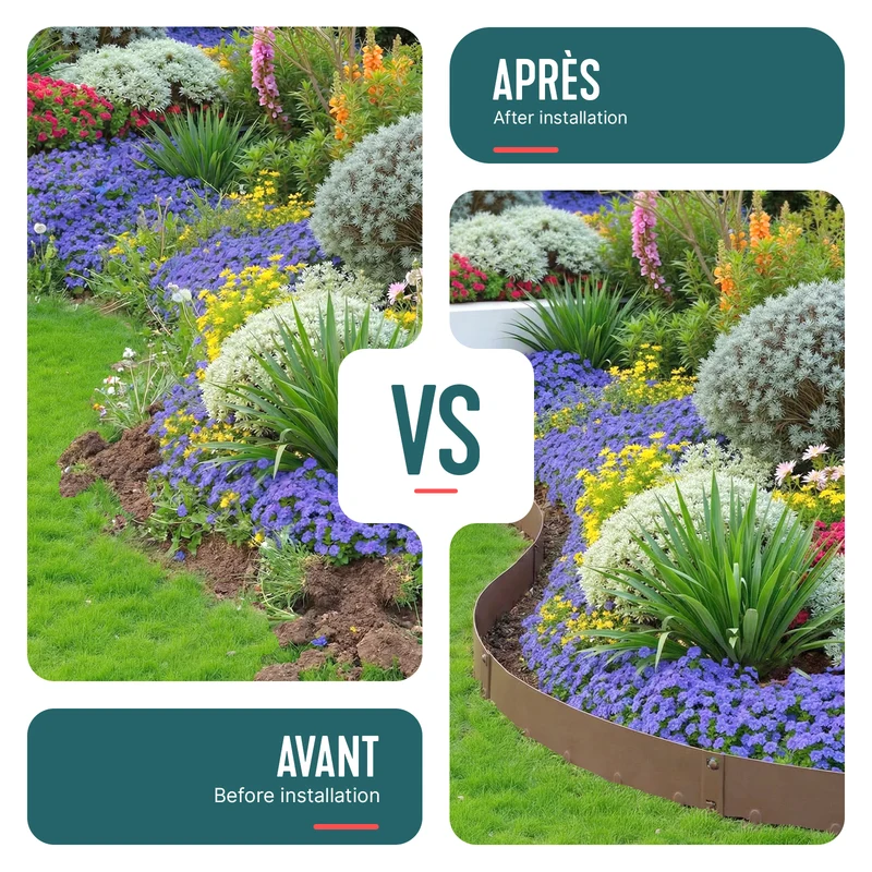 Lot de 5 Bordures de jardin acier galvanise avec pointes ancrages 106x18cm marron