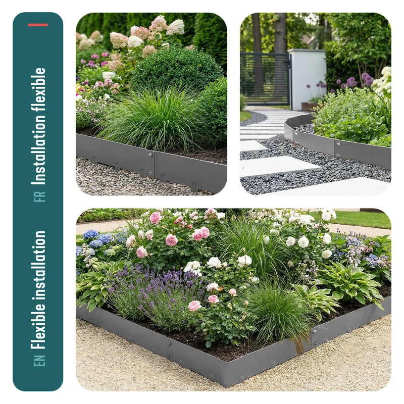 Lot de 5 Bordures de jardin acier galvanise avec pointes ancrages 106x18cm gris