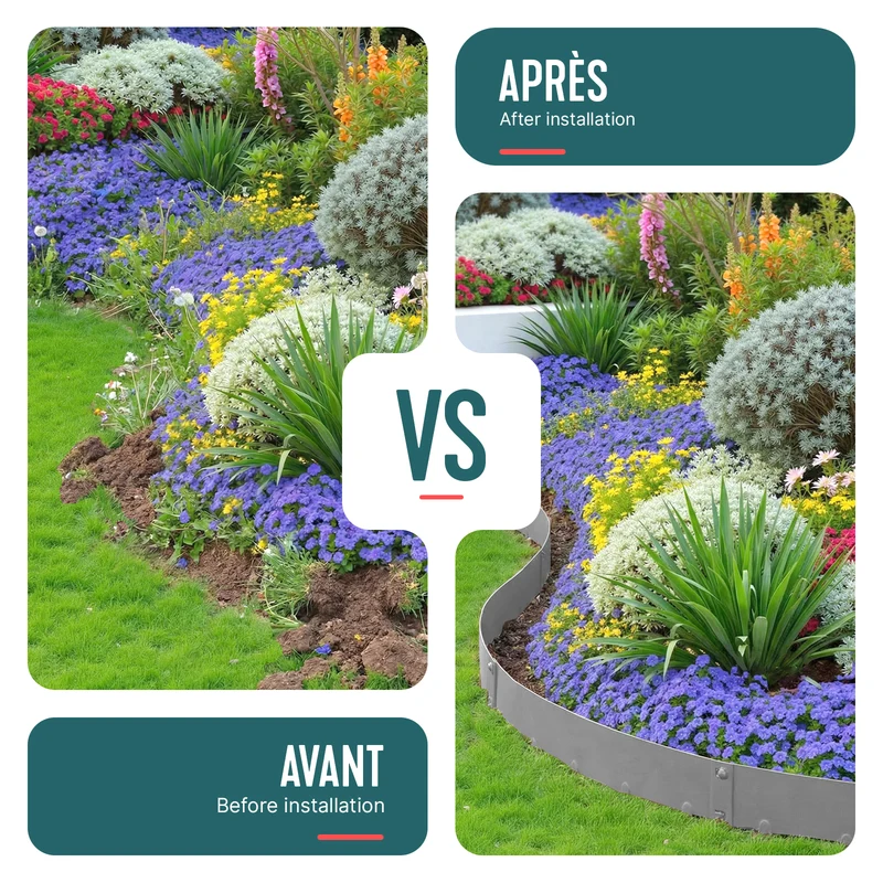 Lot de 5 Bordures de jardin acier galvanise avec pointes ancrages 106x18cm gris