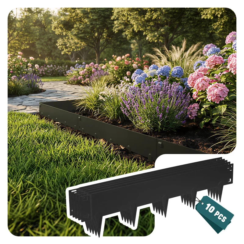 Lot de 10 Bordures de jardin acier galvanise avec pointes ancrages 106x18cm noir