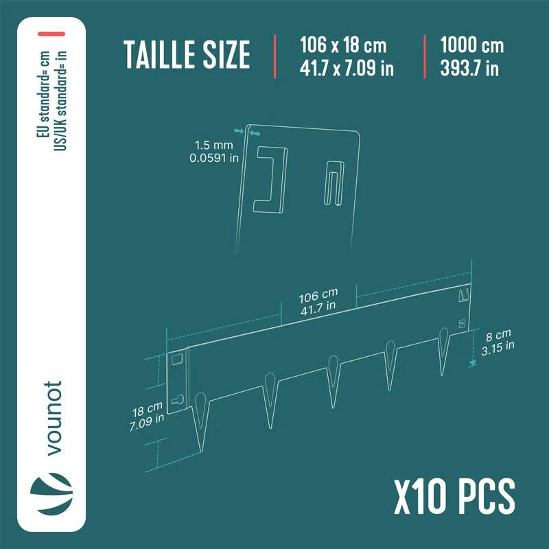 Lot de 10 Bordures de jardin acier galvanise avec pointes ancrages 106x18cm noir