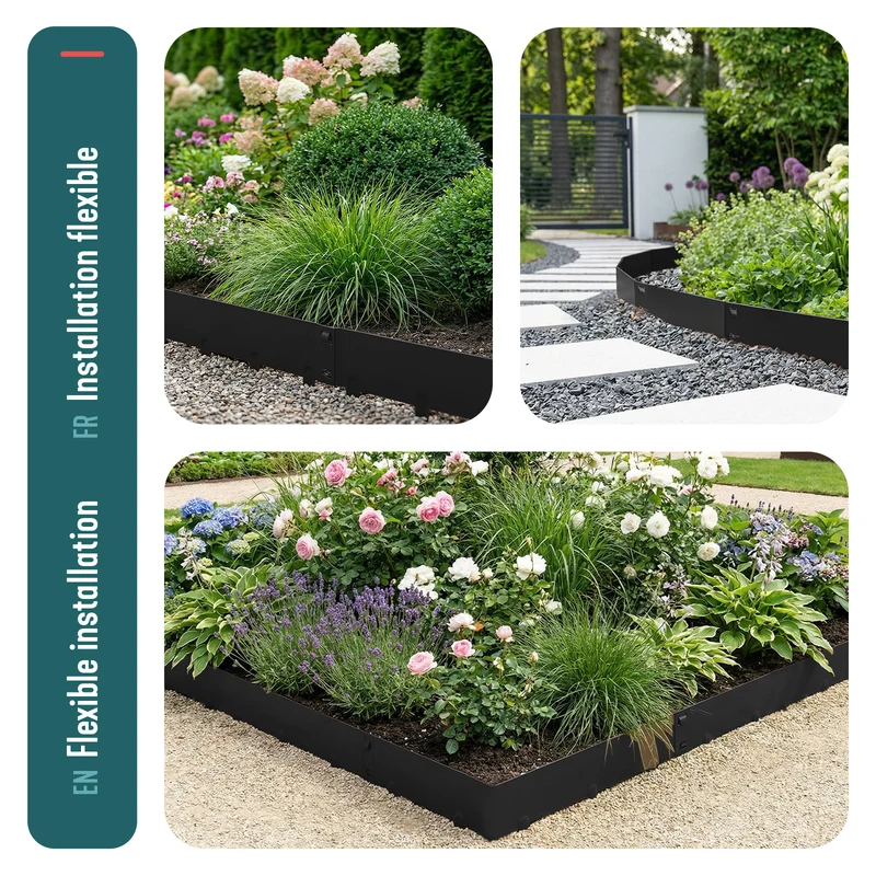 Lot de 10 Bordures de jardin acier galvanise avec pointes ancrages 106x18cm noir