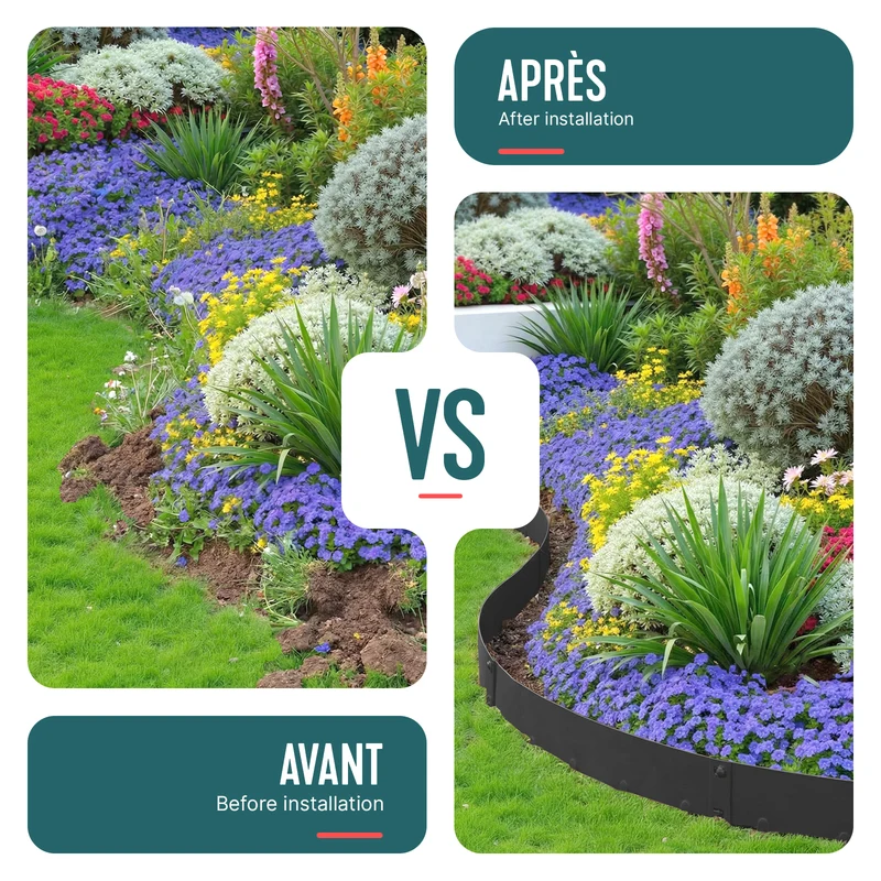 Lot de 10 Bordures de jardin acier galvanise avec pointes ancrages 106x18cm noir