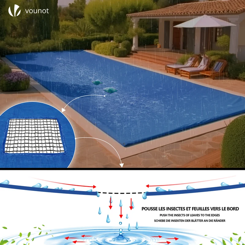 Bache piscine rectangulaire double couche en Polyethylene 160 gr/m2 avec filet ecoulement 4x7m Bleue