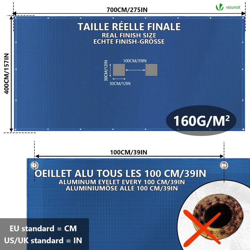Bache piscine rectangulaire double couche en Polyethylene 160 gr/m2 avec filet ecoulement 4x7m Bleue