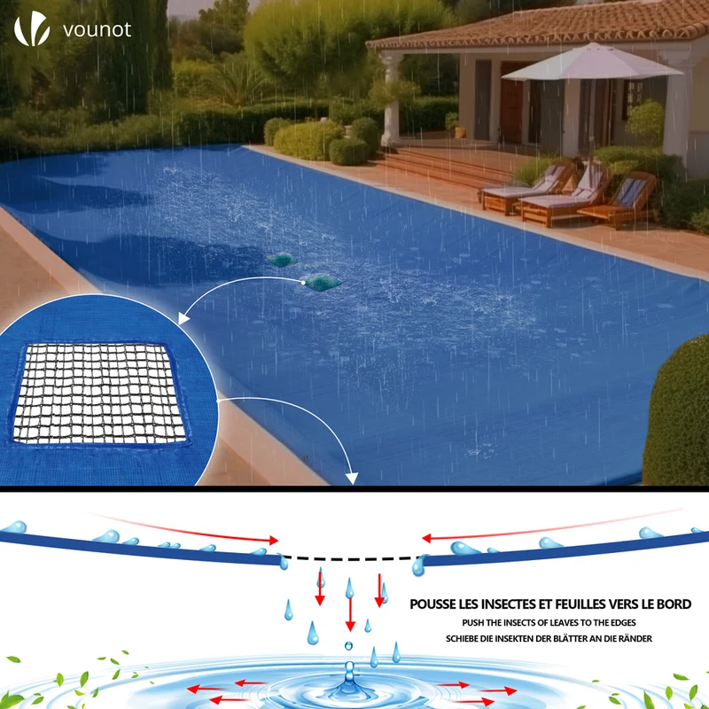 Bache piscine rectangulaire double couche en Polyethylene 160 gr/m2 avec filet ecoulement 6x12m Bleue