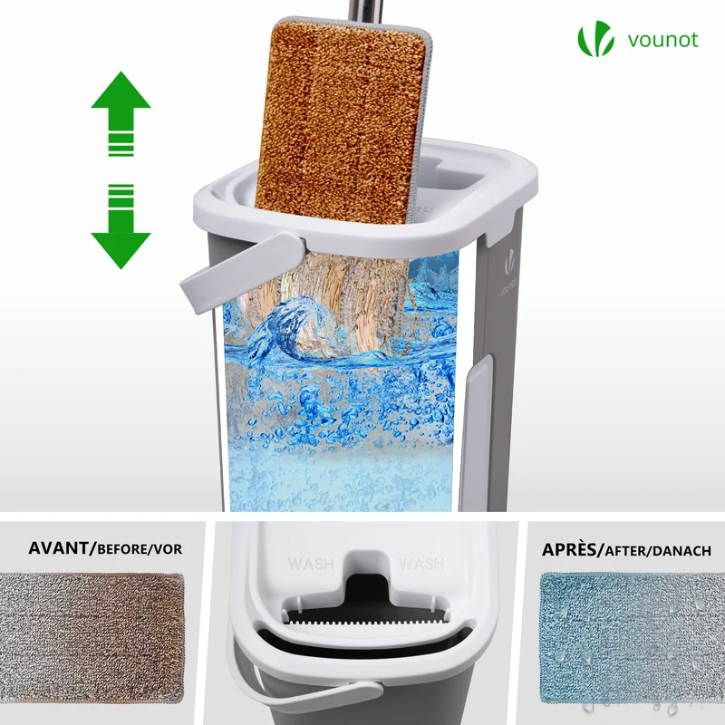 Balai microfibre et Seau Essoreur avec 6 serpillères Réutilisables Balai Plat Double compartiment gris