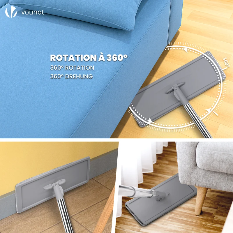 Balai microfibre et Seau Essoreur avec 6 serpillères Réutilisables Balai Plat Double compartiment gris