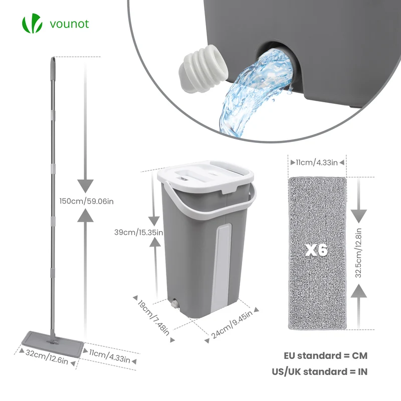 Balai microfibre et Seau Essoreur avec 6 serpillères Réutilisables Balai Plat Double compartiment gris