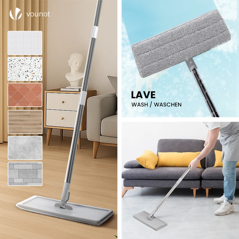 Balai microfibre et Seau Essoreur avec 6 serpillères Réutilisables Balai Plat Double compartiment gris