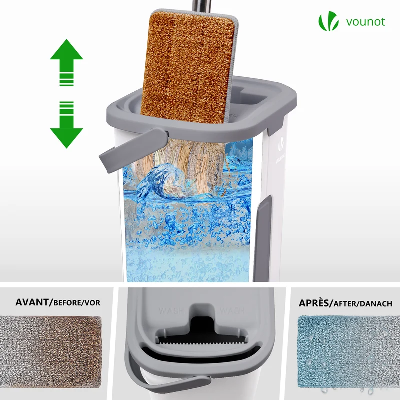 Balai microfibre et Seau Essoreur avec 6 serpillères Réutilisables Balai Plat Double compartiment blanc