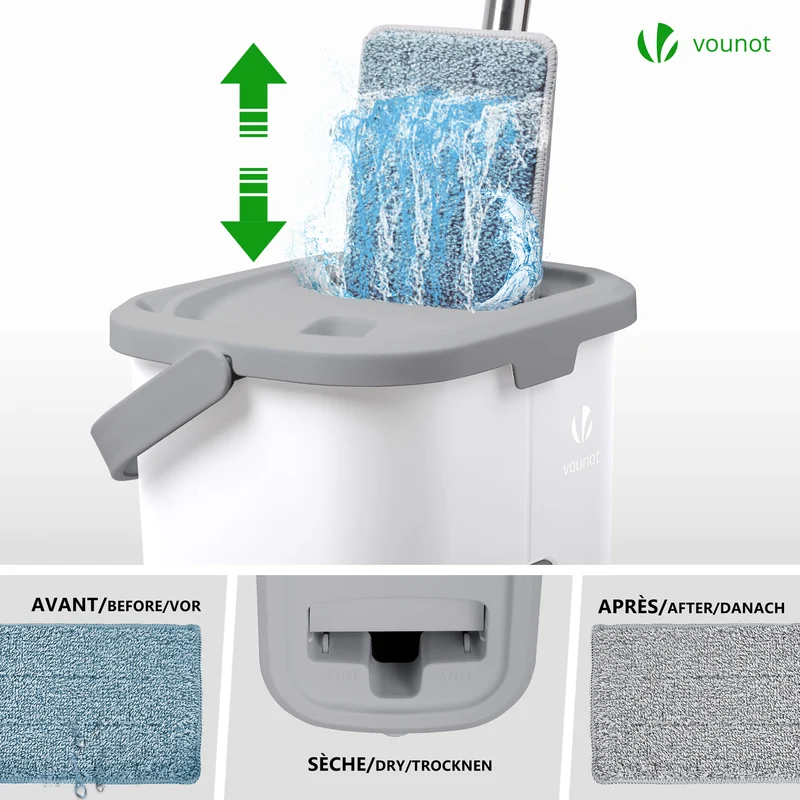 Balai microfibre et Seau Essoreur avec 6 serpillères Réutilisables Balai Plat Double compartiment blanc