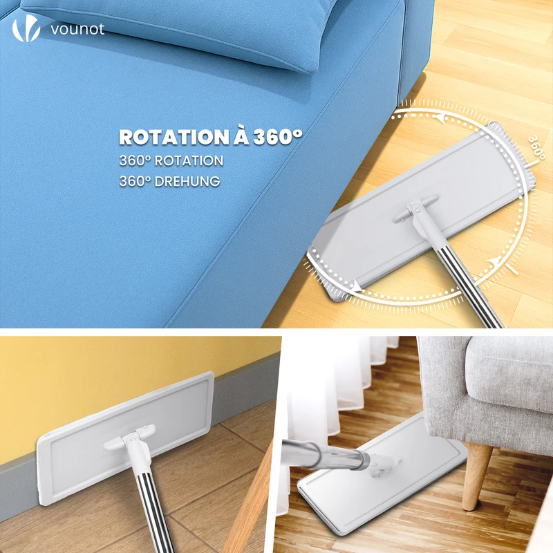 Balai microfibre et Seau Essoreur avec 6 serpillères Réutilisables Balai Plat Double compartiment blanc
