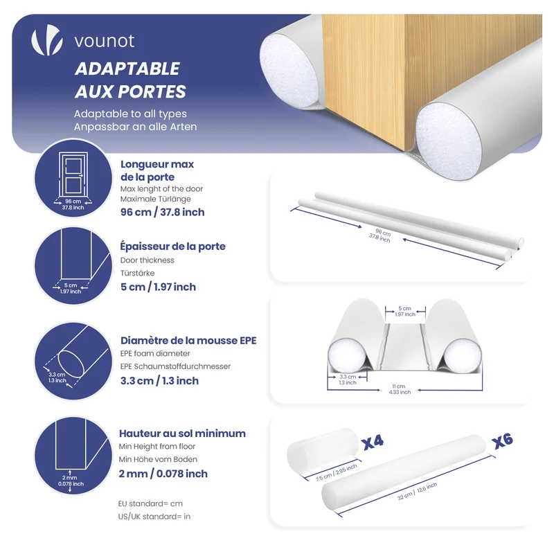 Lot de 2 Boudins de Porte Isolants coupe froid Découpables 96cm Blanc