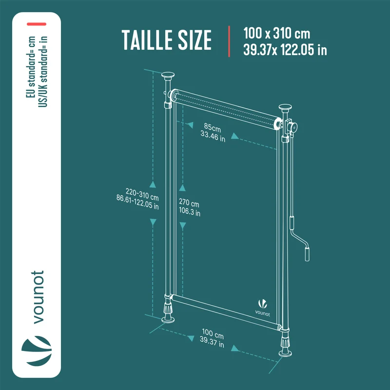 Store vertical sans percage extensible exterieur 100x310cm polyester gris