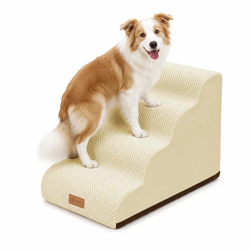 Escalier pour chien et chat en mousse haute densite et housse lavable 72x40x50cm beige