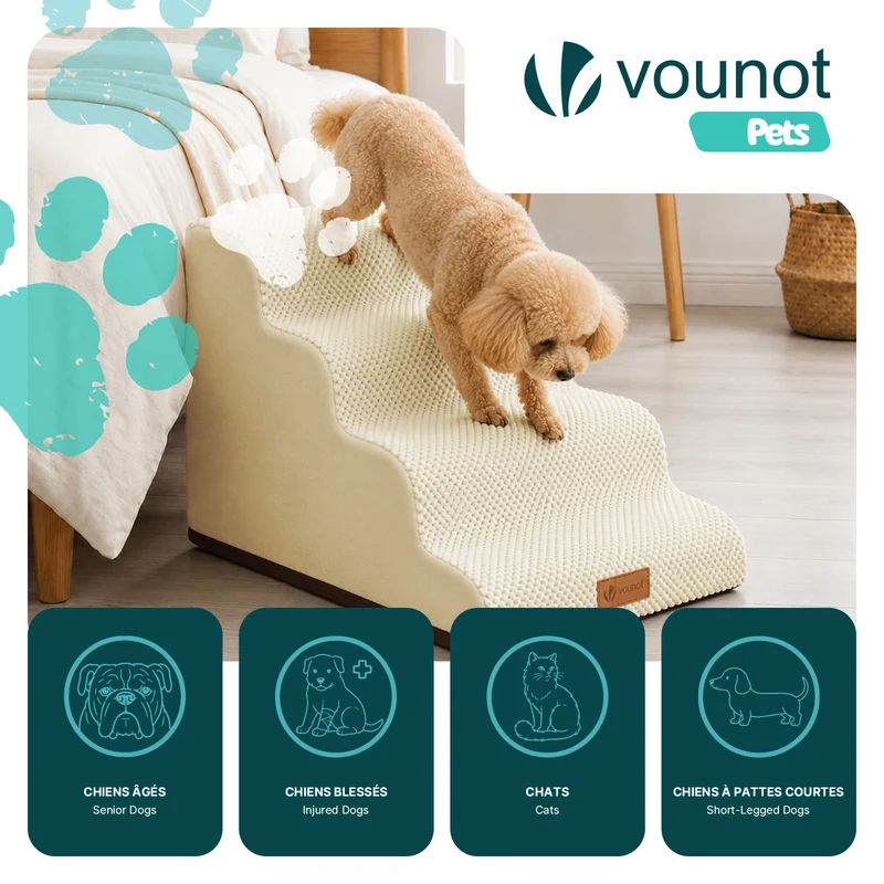 Escalier pour chien et chat en mousse haute densite et housse lavable 72x40x50cm beige