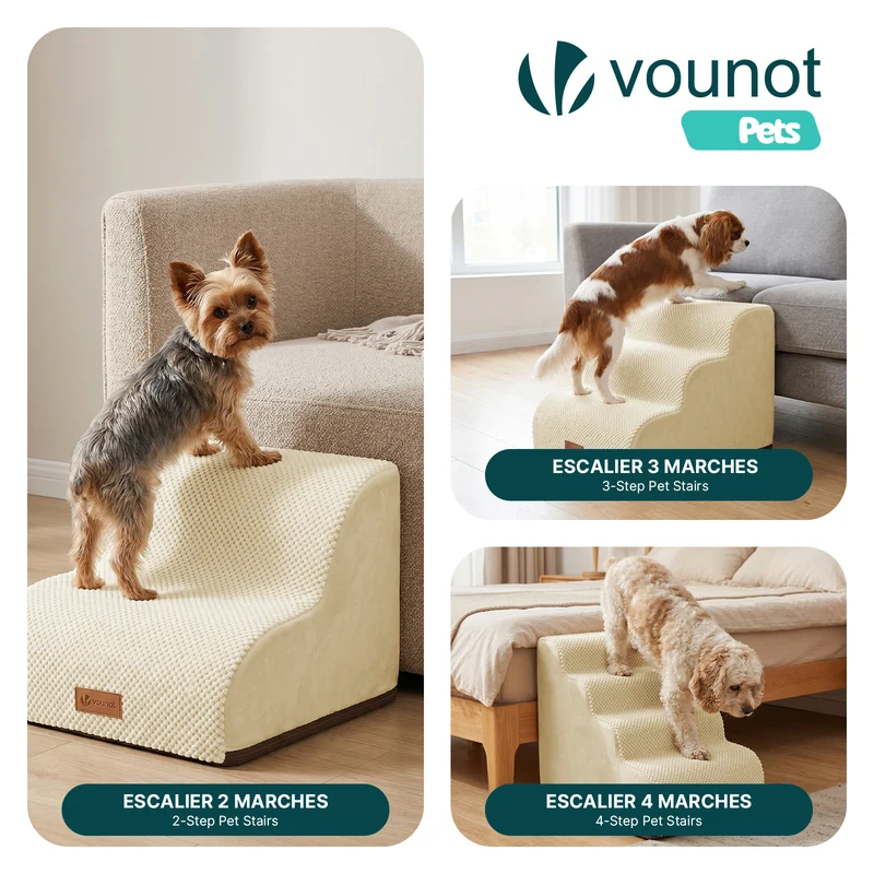 Escalier pour chien et chat en mousse haute densite et housse lavable 72x40x50cm beige