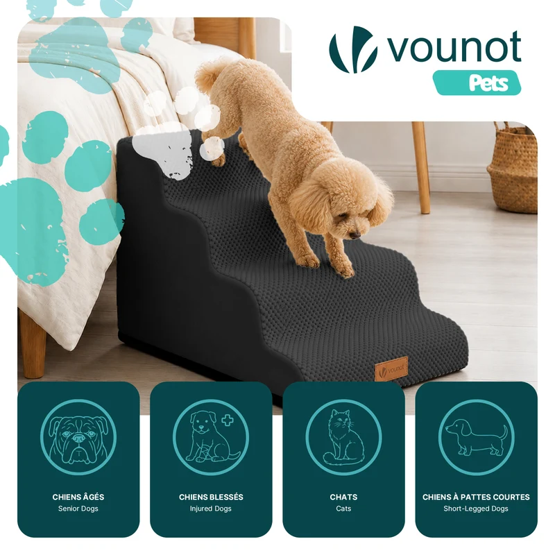 Escalier pour chien et chat en mousse haute densite et housse lavable 72x40x50cm noir