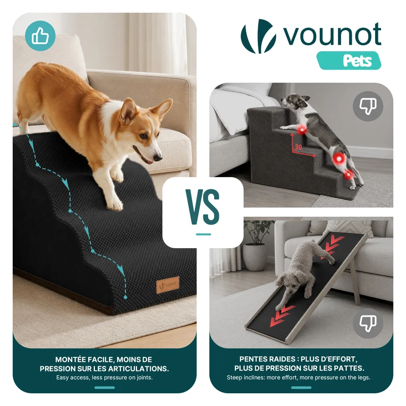 Escalier pour chien et chat en mousse haute densite et housse lavable 72x40x50cm noir
