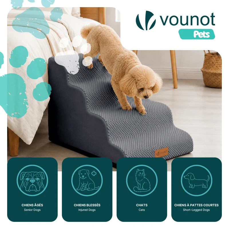 Escalier pour chien et chat en mousse haute densite et housse lavable 72x40x50cm gris