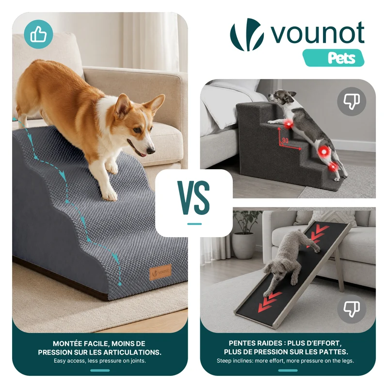 Escalier pour chien et chat en mousse haute densite et housse lavable 72x40x50cm gris
