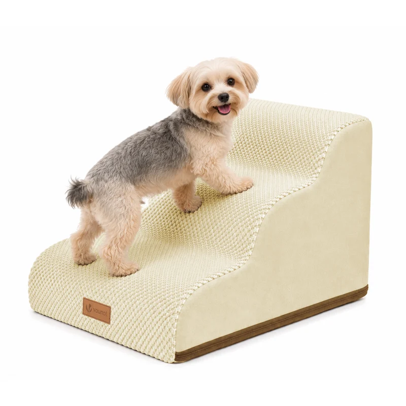 Escalier pour chien et chat en mousse haute densite et housse lavable 57x40x40cm beige