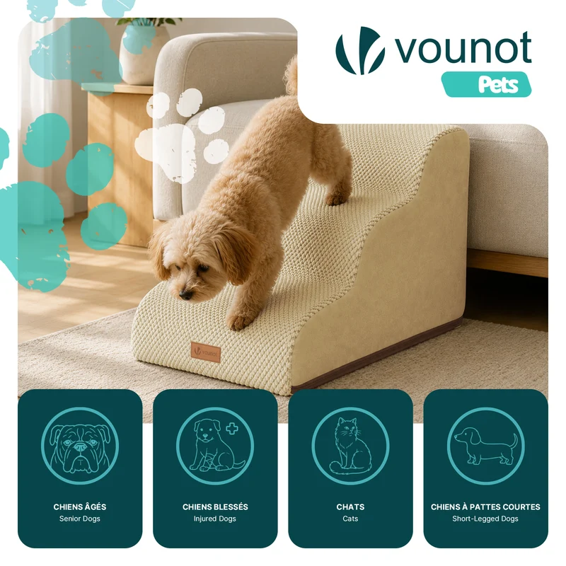 Escalier pour chien et chat en mousse haute densite et housse lavable 57x40x40cm beige