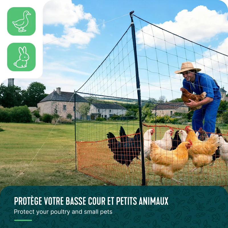 Kit cloture filet a poules PE avec piquets 12m orange