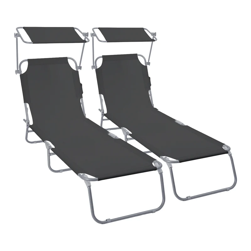 Lot de 2 chaise longue pliante avec pare soleil noir