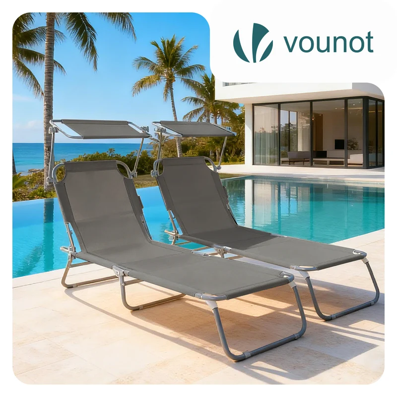 Lot de 2 chaise longue pliante avec pare soleil gris