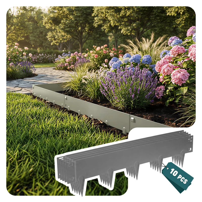 Lot de 10 Bordures de jardin acier galvanise avec pointes ancrages 106x18cm gris