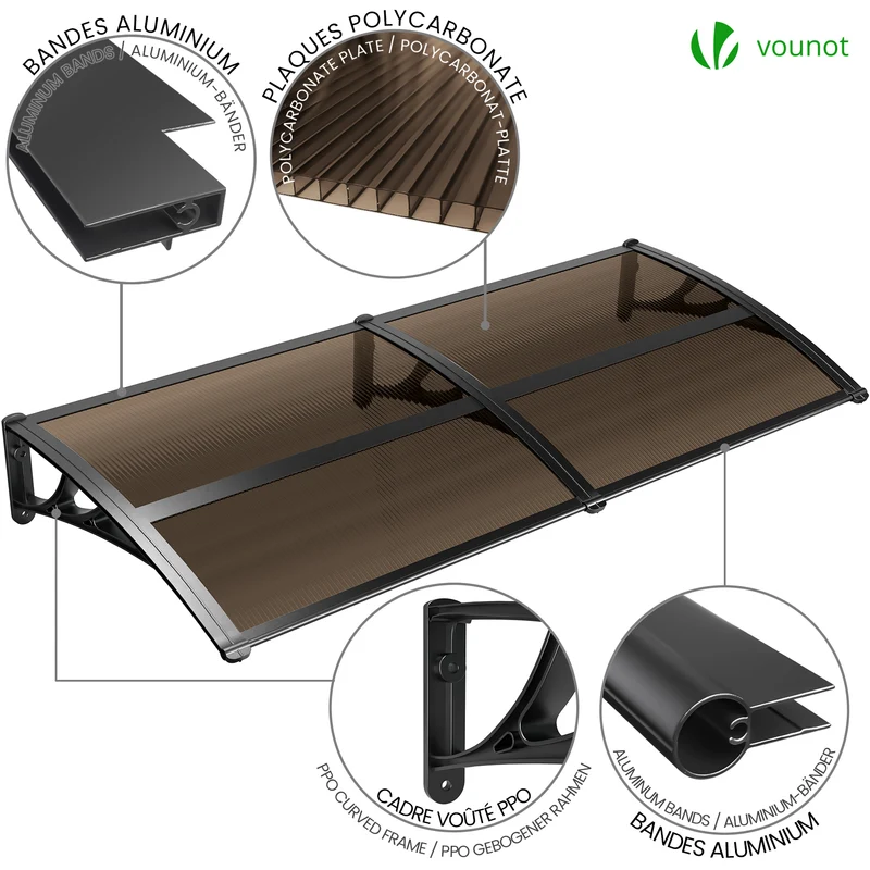 Auvent de porte marquise 200x80 cm en Polycarbonate anti UV Marron