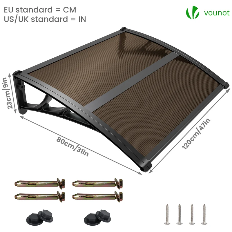 Auvent de porte marquise 120x80 cm en Polycarbonate anti UV Marron
