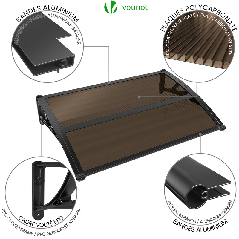 Auvent de porte marquise 120x80 cm en Polycarbonate anti UV Marron