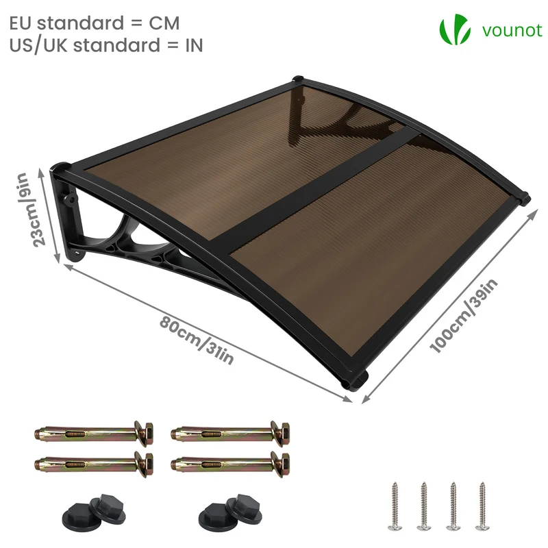 Auvent de porte marquise 100x80 cm en Polycarbonate anti UV Marron