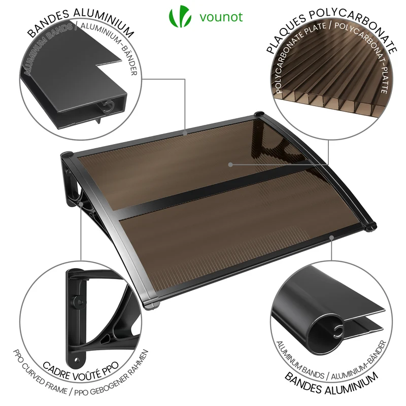 Auvent de porte marquise 100x80 cm en Polycarbonate anti UV Marron