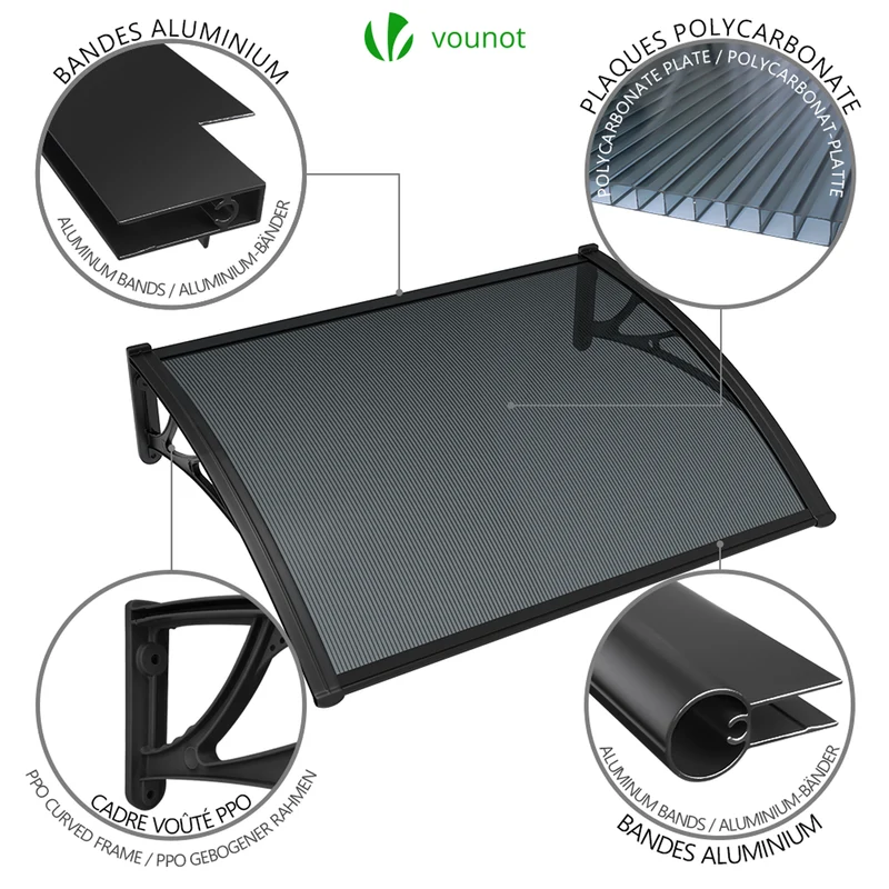 Auvent de porte marquise 120x80 cm en Polycarbonate anti UV Anthracite