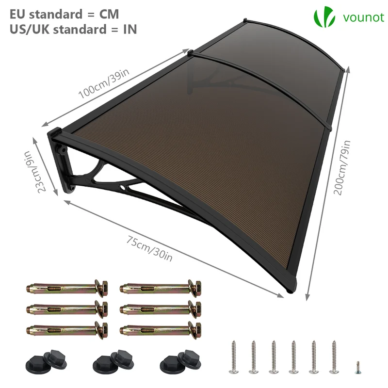 Auvent de porte marquise 200x80 cm en Polycarbonate anti UV Marron