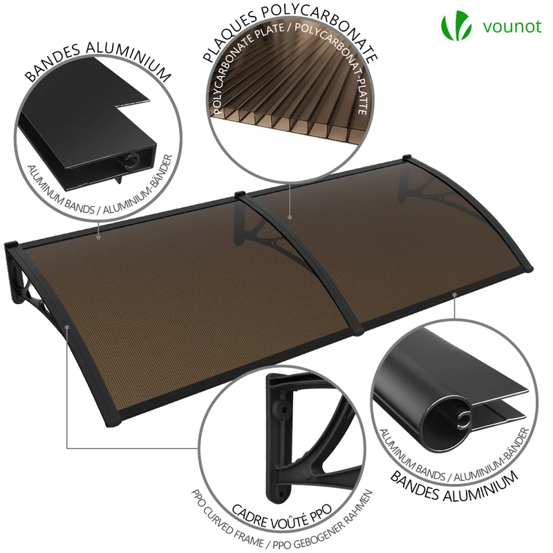 Auvent de porte marquise 200x80 cm en Polycarbonate anti UV Marron