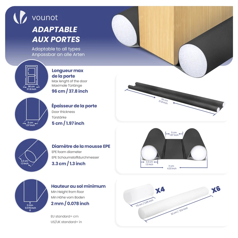 Lot de 2 Boudins de Porte Isolants coupe froid Découpables 96cm Noir