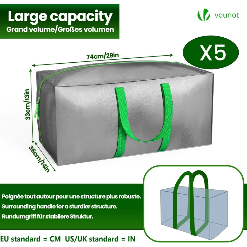Lot de 5 sacs de demenagement grand format avec sangles et poignee gris