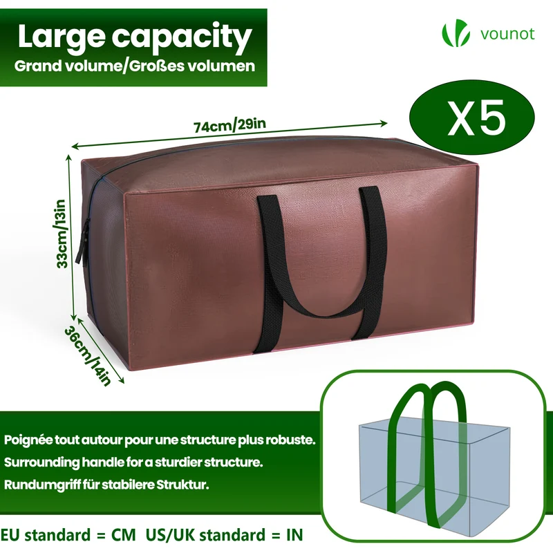 Lot de 5 sacs de demenagement grand format avec sangles et poignee marron